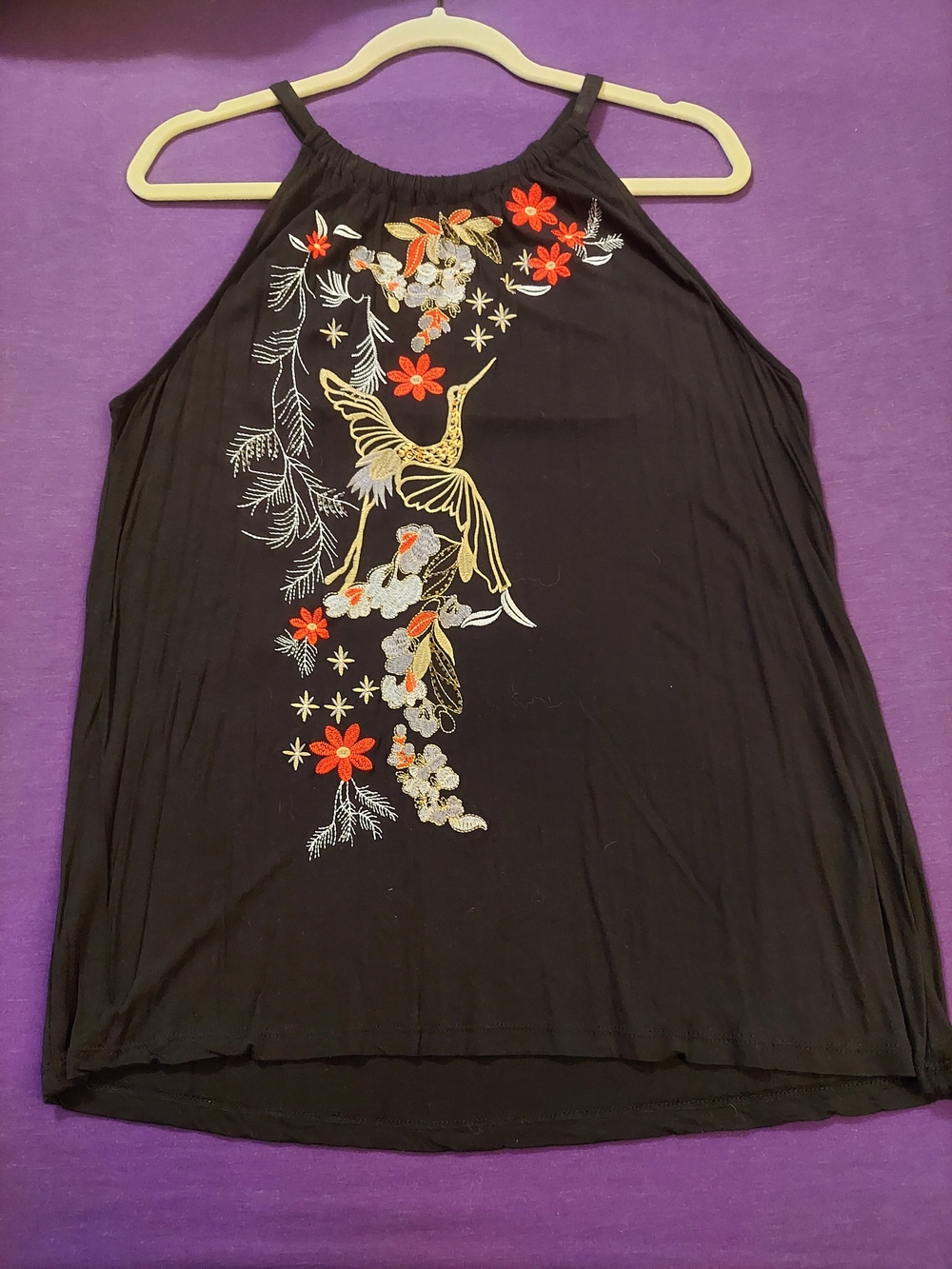 INC International Concepts Black Halter Floral & Bird Embroidered Women's Top XL